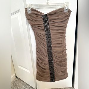 Strapless Brown Bodycon Dress with Black Sequin Detail